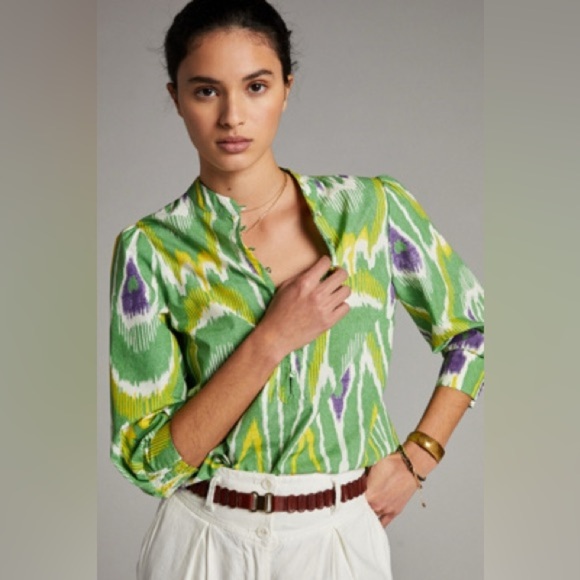 Anthropologie Green Sharona Henley Puffed Sleeve Blouse Size Medium - Picture 9 of 11